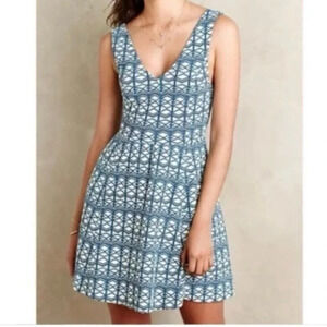 Maeve Anthropologie Green Blue Geometric Fit and Flare Mini Dress Size 6